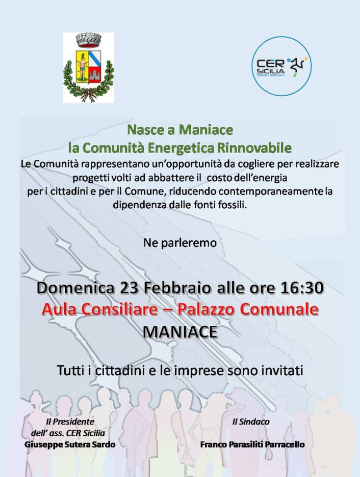 Manifestazione di interesse alla costituzione di una comunità energetica rinnovabile nel territorio comunale di Maniace